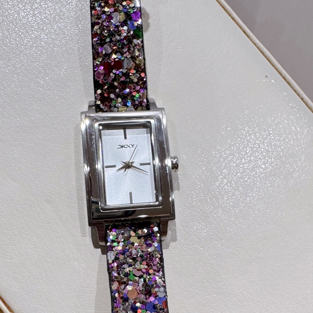 Vintage Y2k Fossil Silver Watch With Leather Glitter Strap